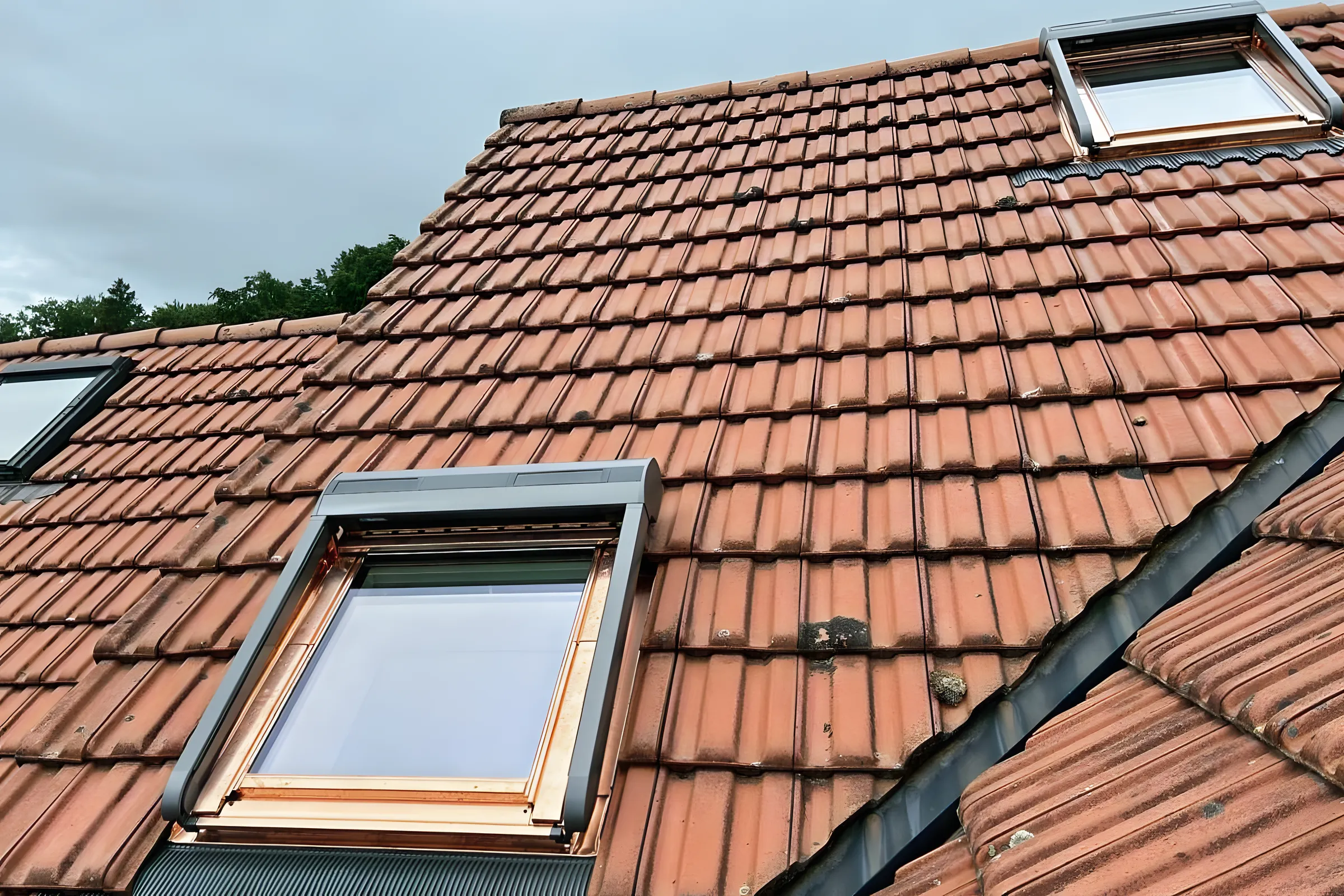 Ersetztes Velux-Dachfenster in rotem Ziegeldach, weiter oben ein zweites Fenster